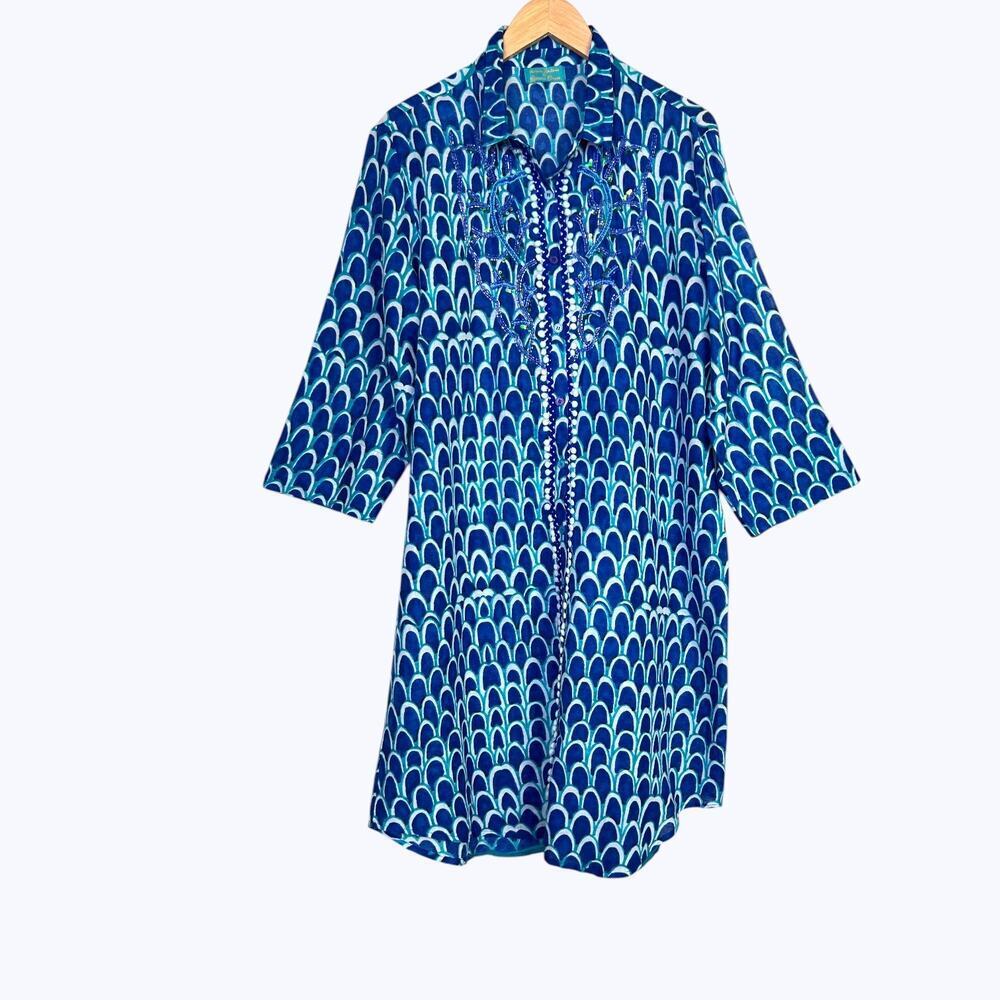 Antica Sartoria Kaftan Beach Cover-up Beaded Coral Reef Embroidered in Blue Med.